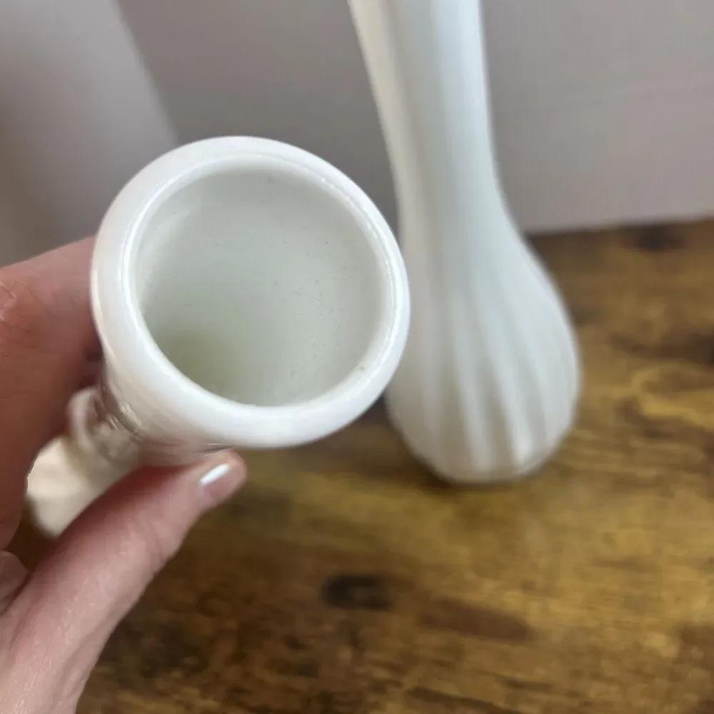 Hoosier Swirl White Milk Glass Vase 10” & CLG Ribbed Vase 9.75” Vintage Set of 2
